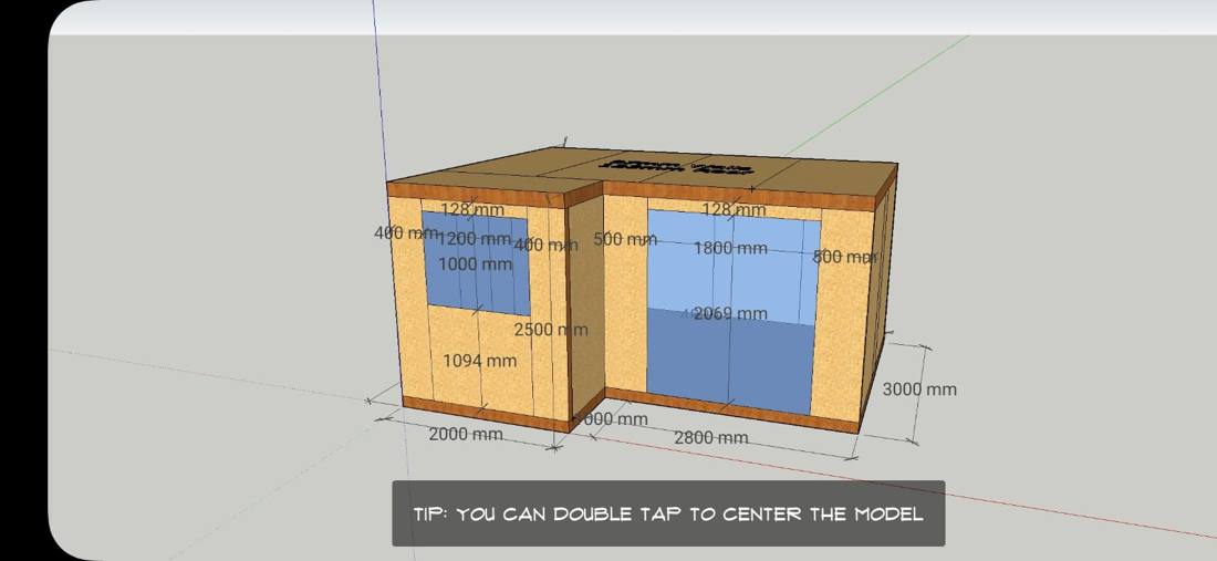 3D design model of the Pinner L-shaped garden room with dimensions