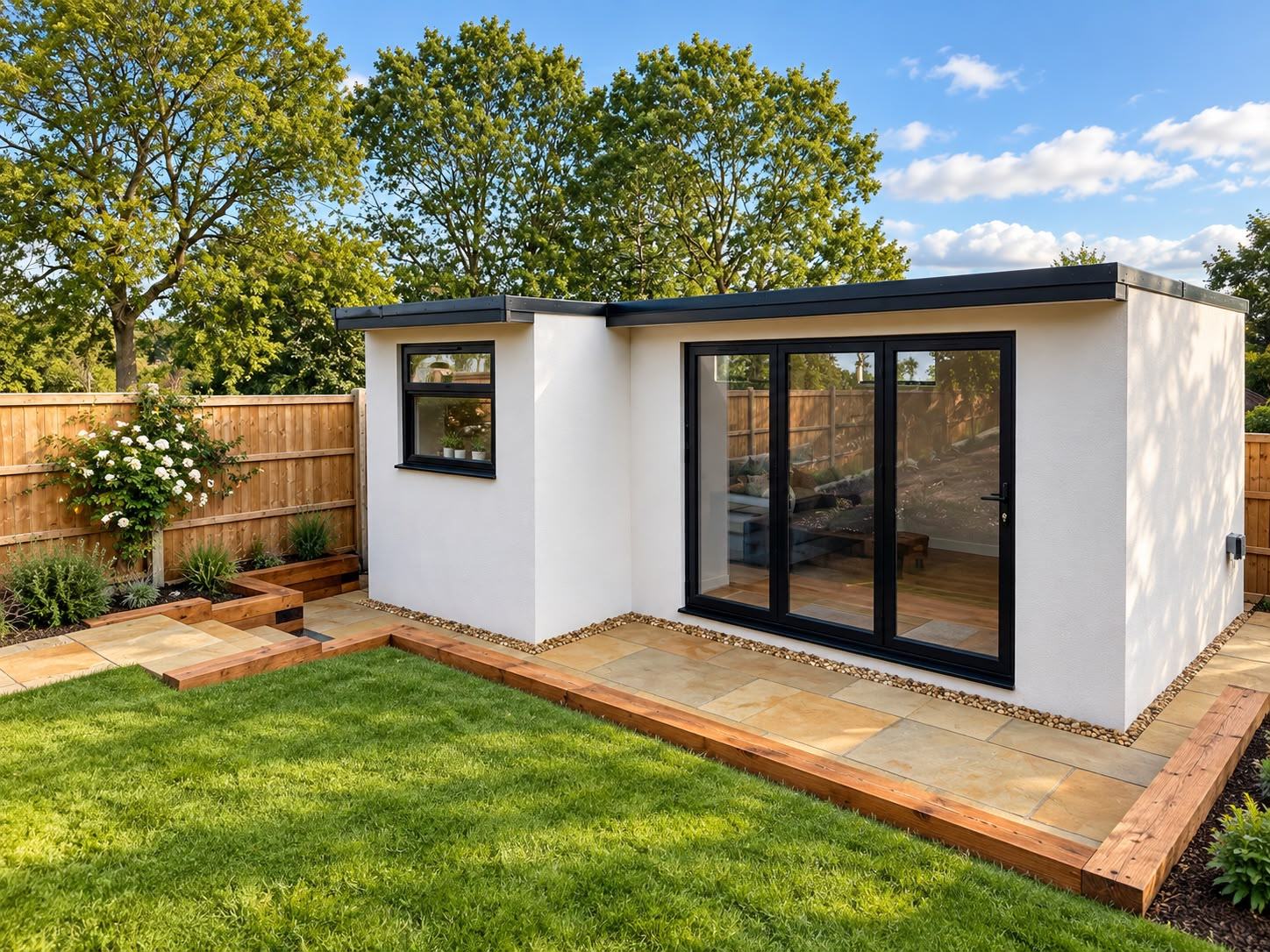 Garden room with bi-fold doors closed, set in landscaped garden