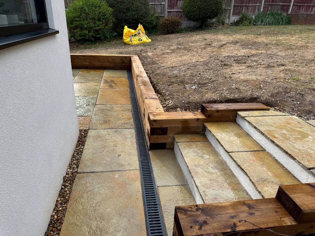 Sandstone steps, sleepers and drainage channel